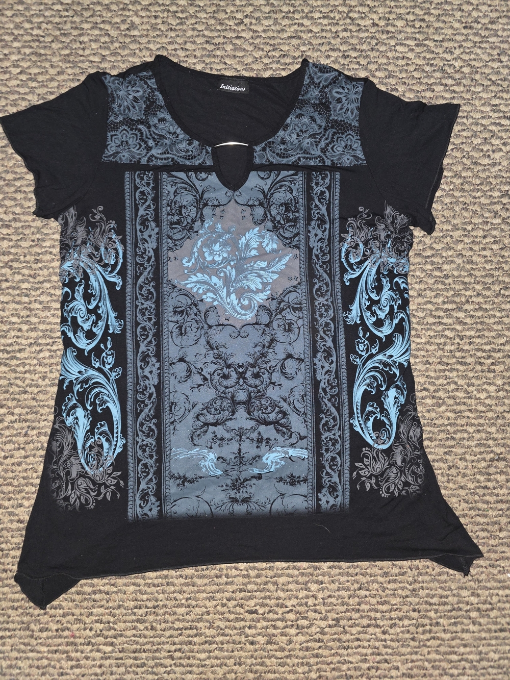 Iniatives Black and Teal Floral Scroll Knit Tee